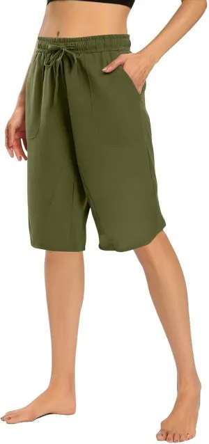 Linen Women's Shorts High Waisted Casual Wide Leg Drawstring Capri Pants with Pocket Knee Length