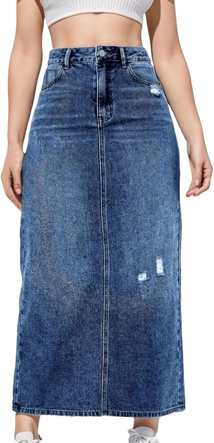 Long Denim Skirts for Women High Waist Denim Maxi Skirt Flared Jean Skirt Pencil Jean Skirts Y2k with Pockets