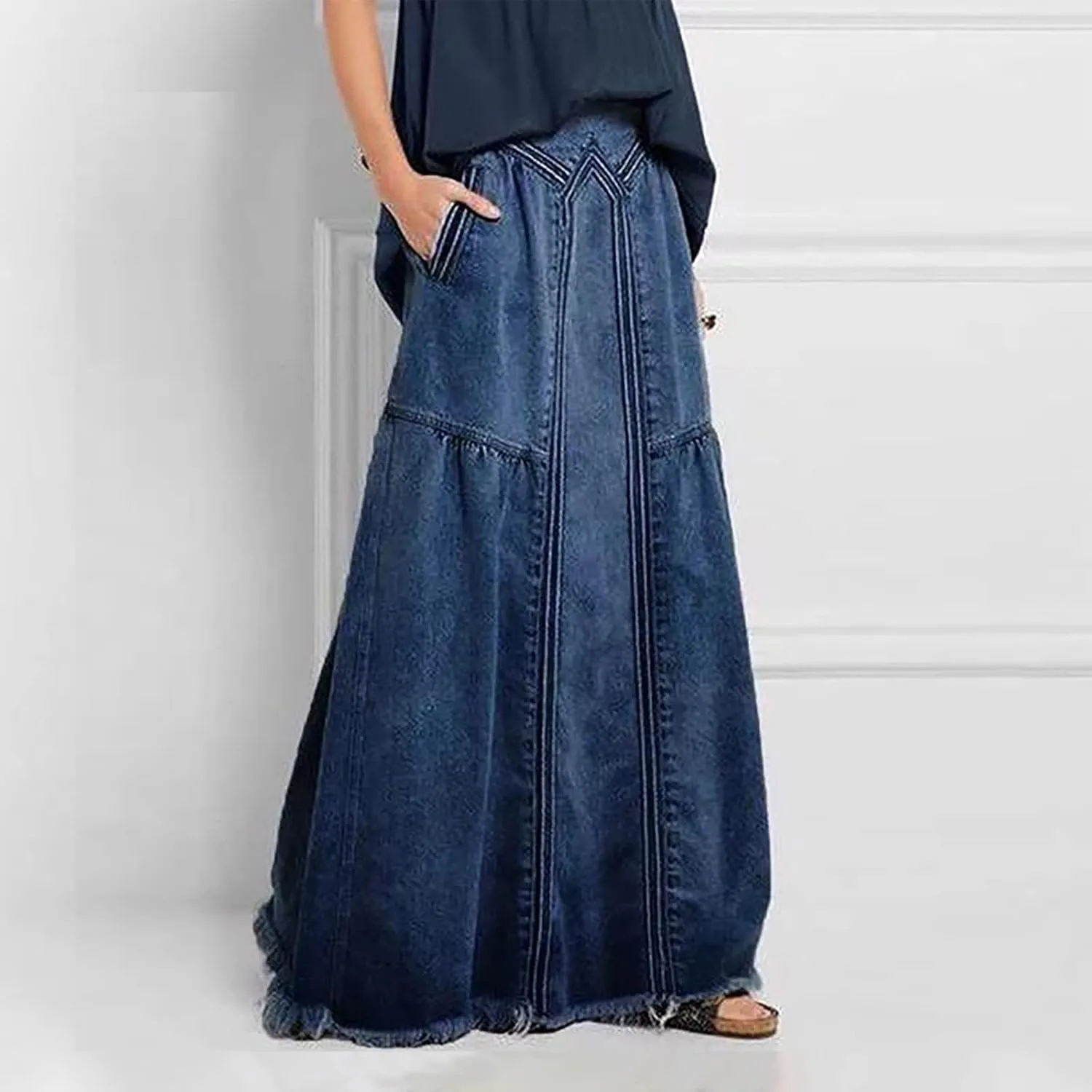 Long Skirts for Women Hip-Wrapped Buttons Denim Skirt A-Line Maxi Jean Skirts Trendy Slim Jeans Skirt with Pocket