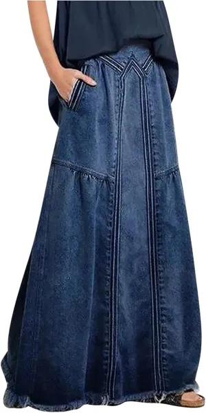 Long Skirts for Women Hip-Wrapped Buttons Denim Skirt A-Line Maxi Jean Skirts Trendy Slim Jeans Skirt with Pocket