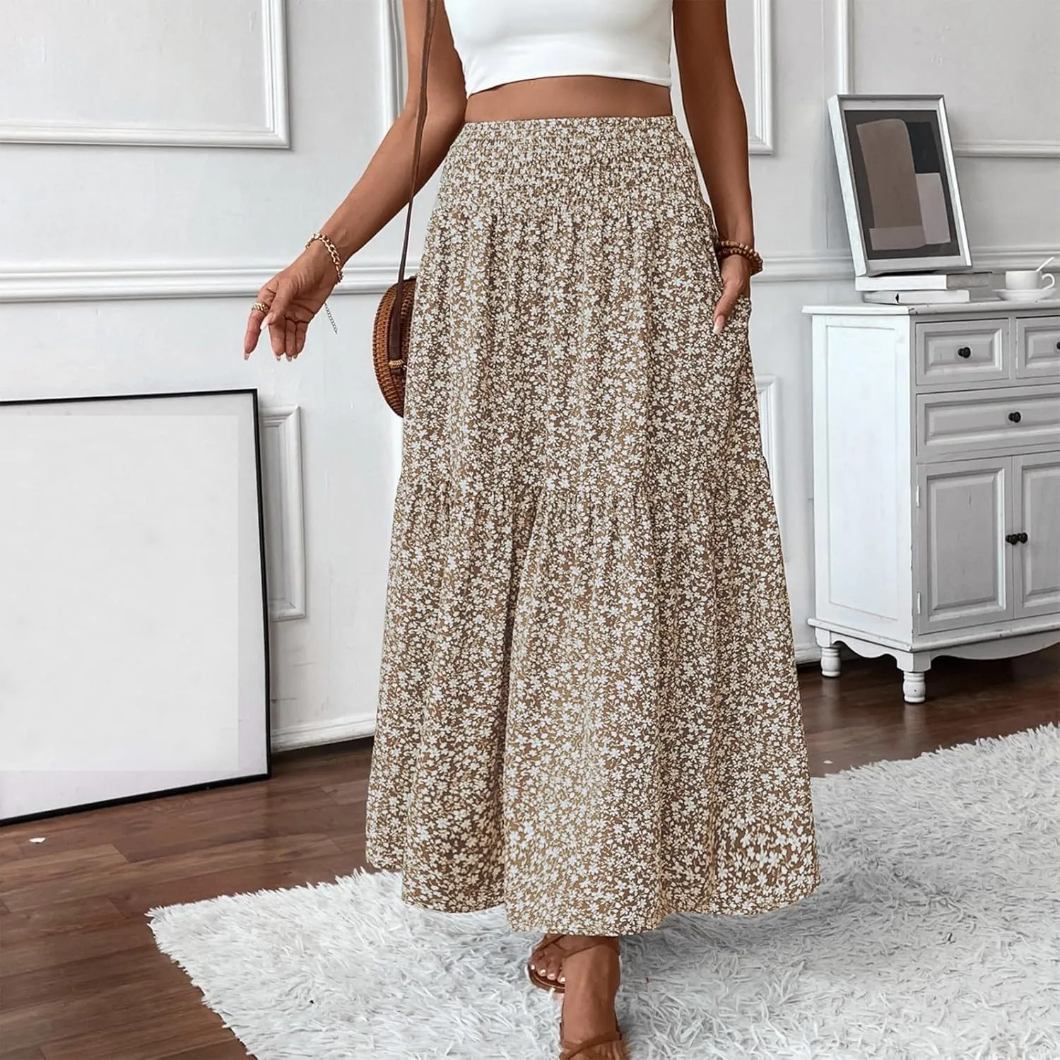 Long Skirts for Women Trendy Summer Flowy Floral Maxi Skirt Lightweight Elastic Smocked High Waisted A Line Skirts