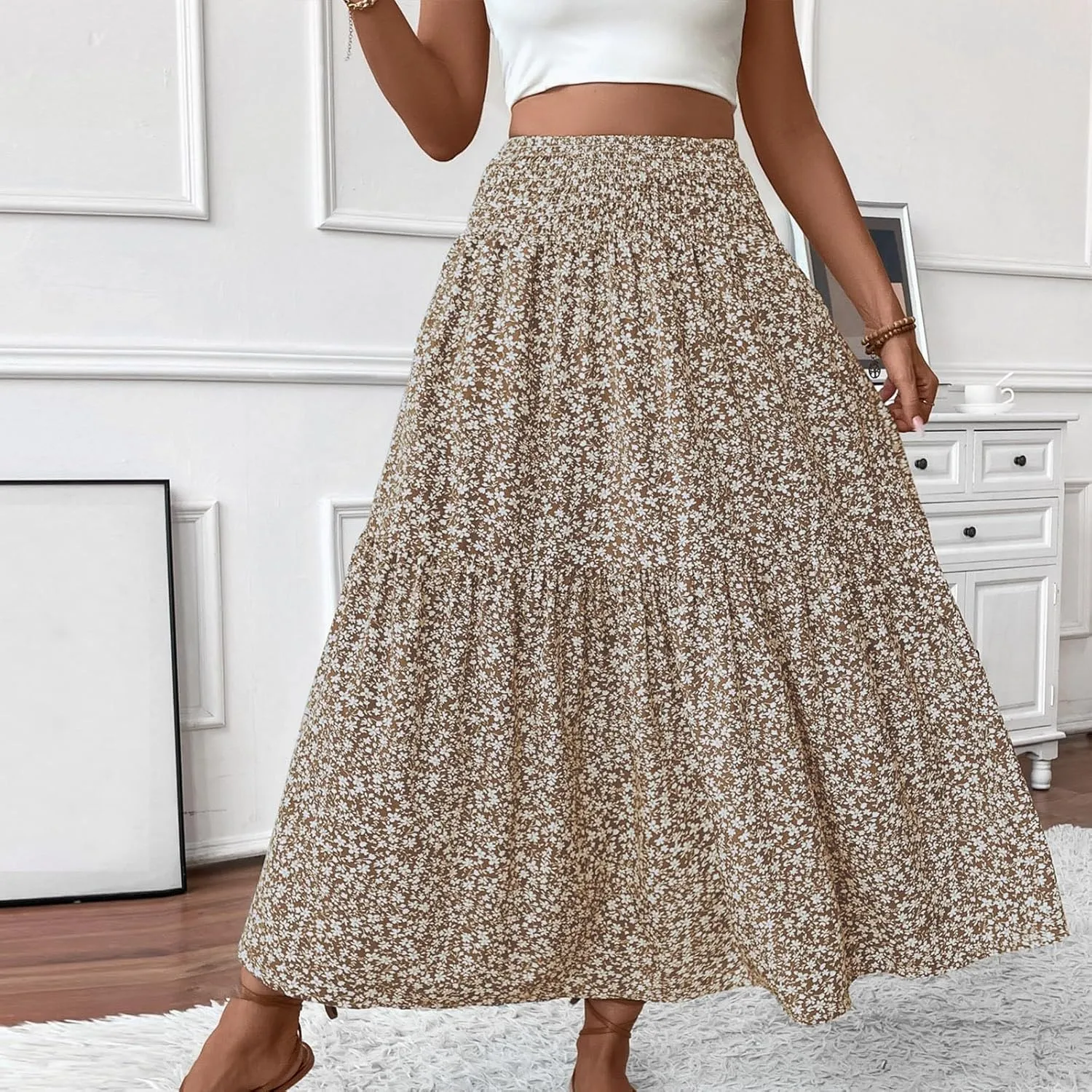 Long Skirts for Women Trendy Summer Flowy Floral Maxi Skirt Lightweight Elastic Smocked High Waisted A Line Skirts