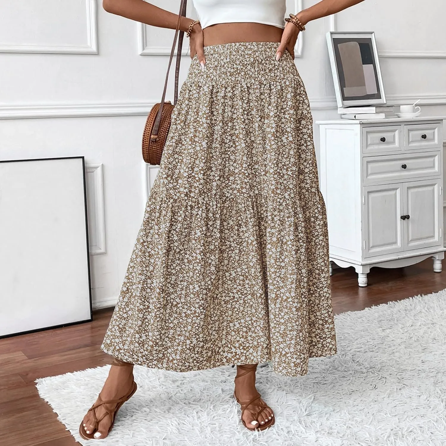Long Skirts for Women Trendy Summer Flowy Floral Maxi Skirt Lightweight Elastic Smocked High Waisted A Line Skirts