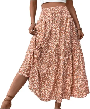 Long Skirts for Women Trendy Summer Flowy Floral Maxi Skirt Lightweight Elastic Smocked High Waisted A Line Skirts