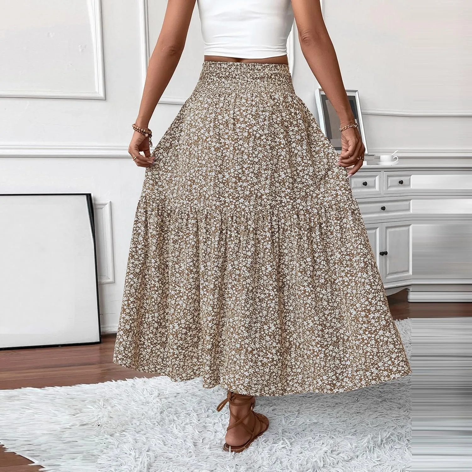 Long Skirts for Women Trendy Summer Flowy Floral Maxi Skirt Lightweight Elastic Smocked High Waisted A Line Skirts