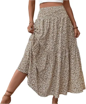 Long Skirts for Women Trendy Summer Flowy Floral Maxi Skirt Lightweight Elastic Smocked High Waisted A Line Skirts