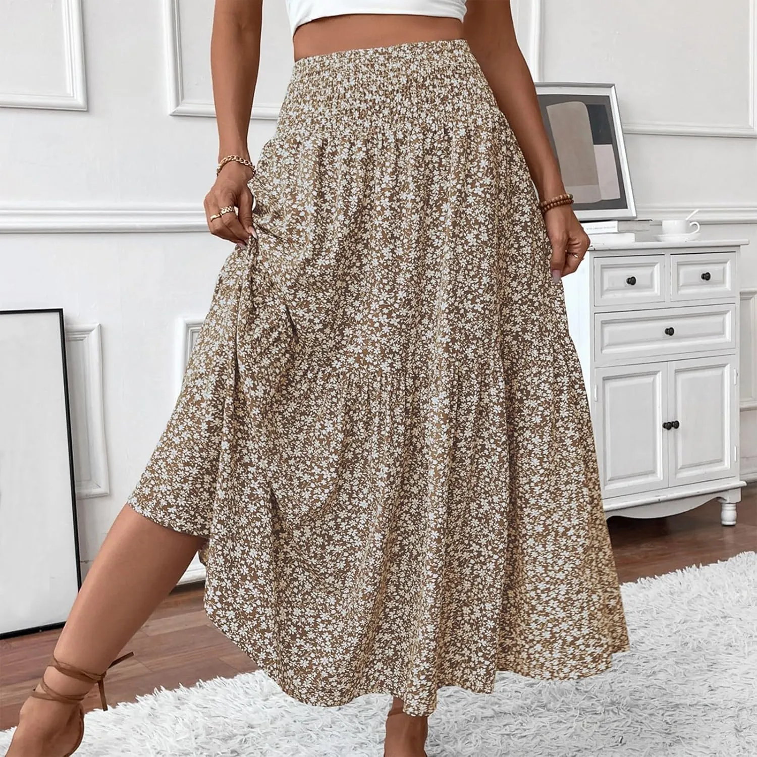 Long Skirts for Women Trendy Summer Flowy Floral Maxi Skirt Lightweight Elastic Smocked High Waisted A Line Skirts