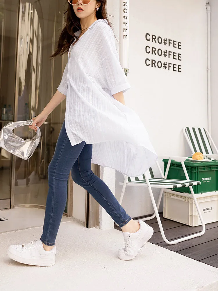 Loose Long Oversized Cotton Button Shirt Top