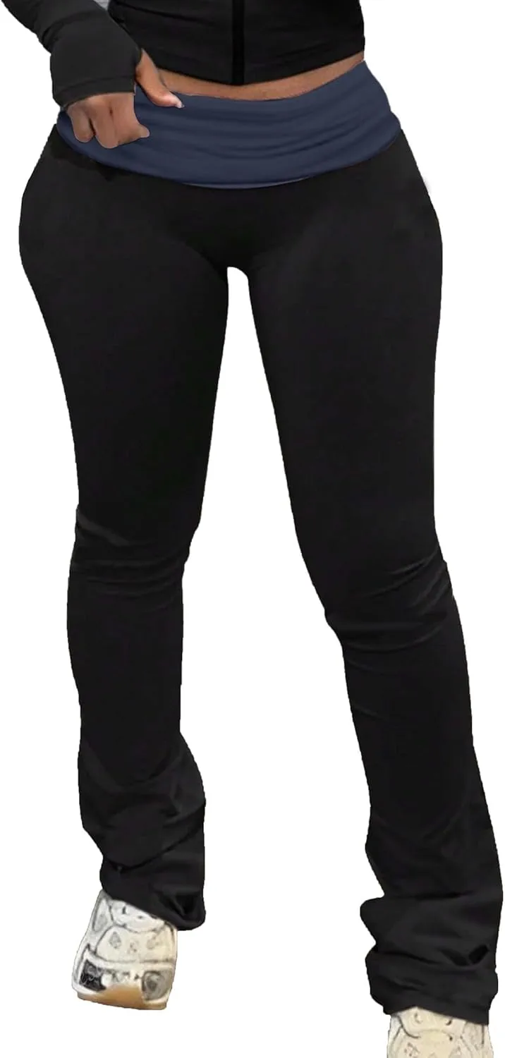 LovelyWholesale Women Low Rise Patchwork Pants Stretchy Yoga Leggings Fold Over Waist Bell Bottom Streetwear