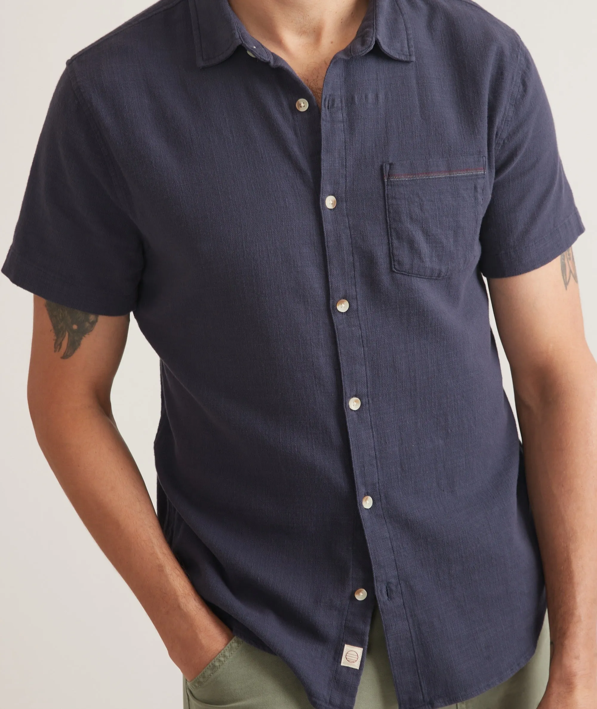 Marine Layer Classic Stretch Selvage Short Sleeve Shirt in Mood Indigo