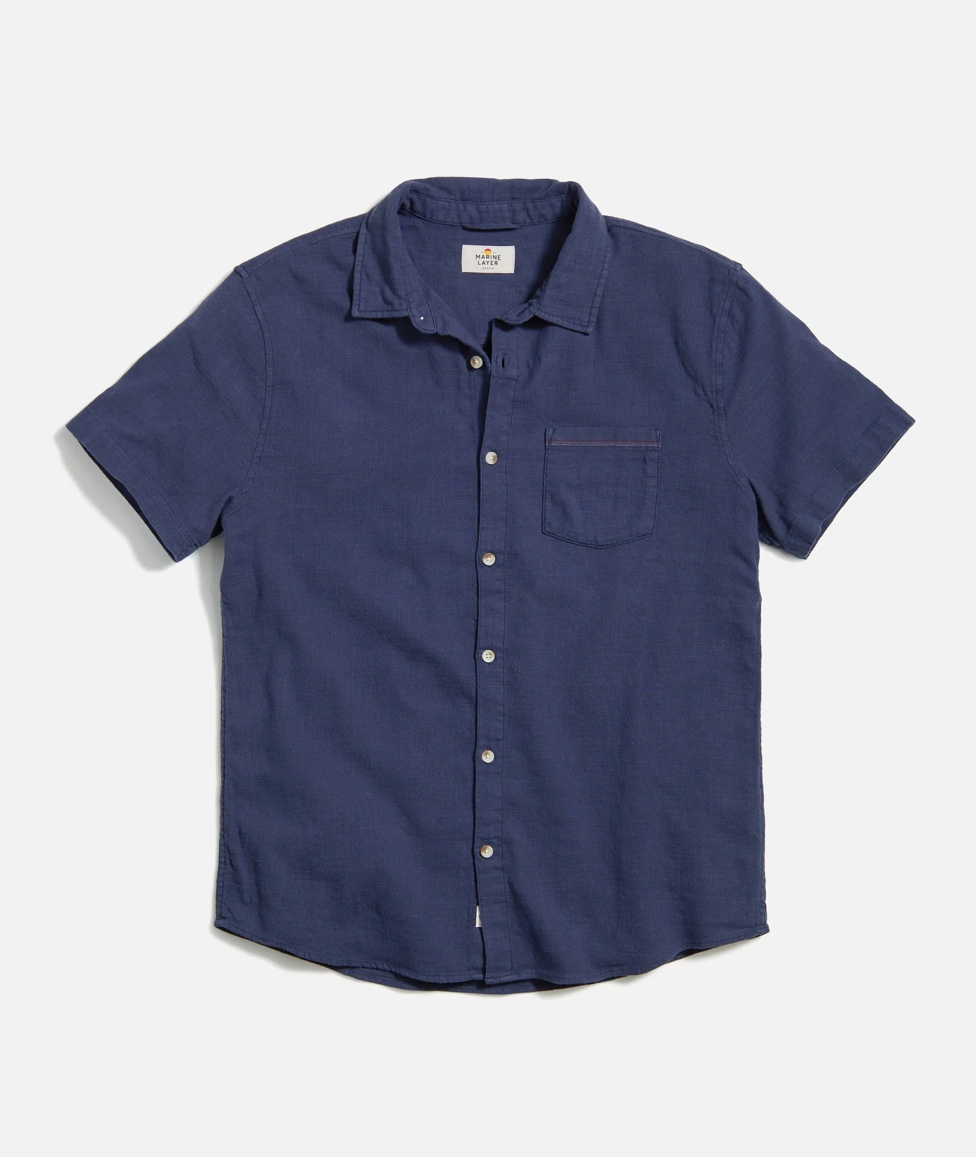 Marine Layer Classic Stretch Selvage Short Sleeve Shirt in Mood Indigo