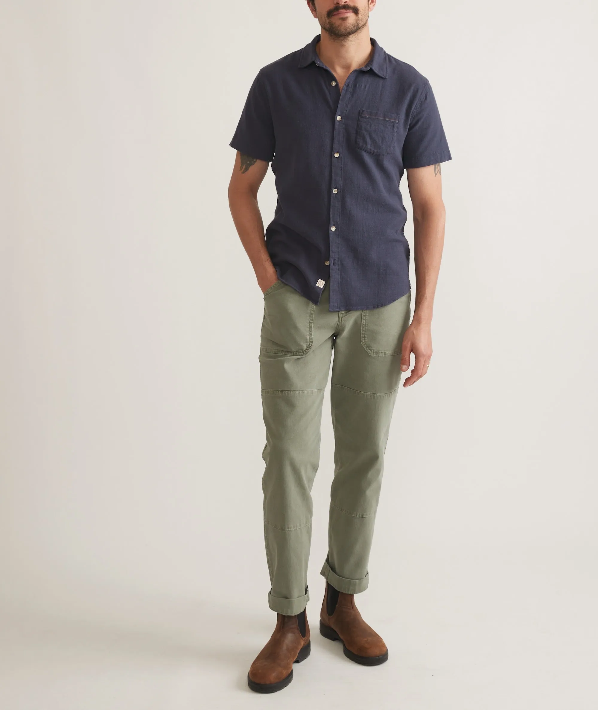 Marine Layer Classic Stretch Selvage Short Sleeve Shirt in Mood Indigo