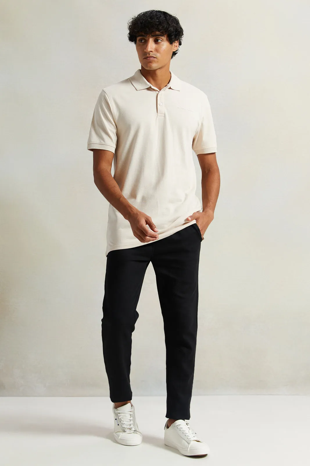 Men Beige Polo Shirt With Chest Logo