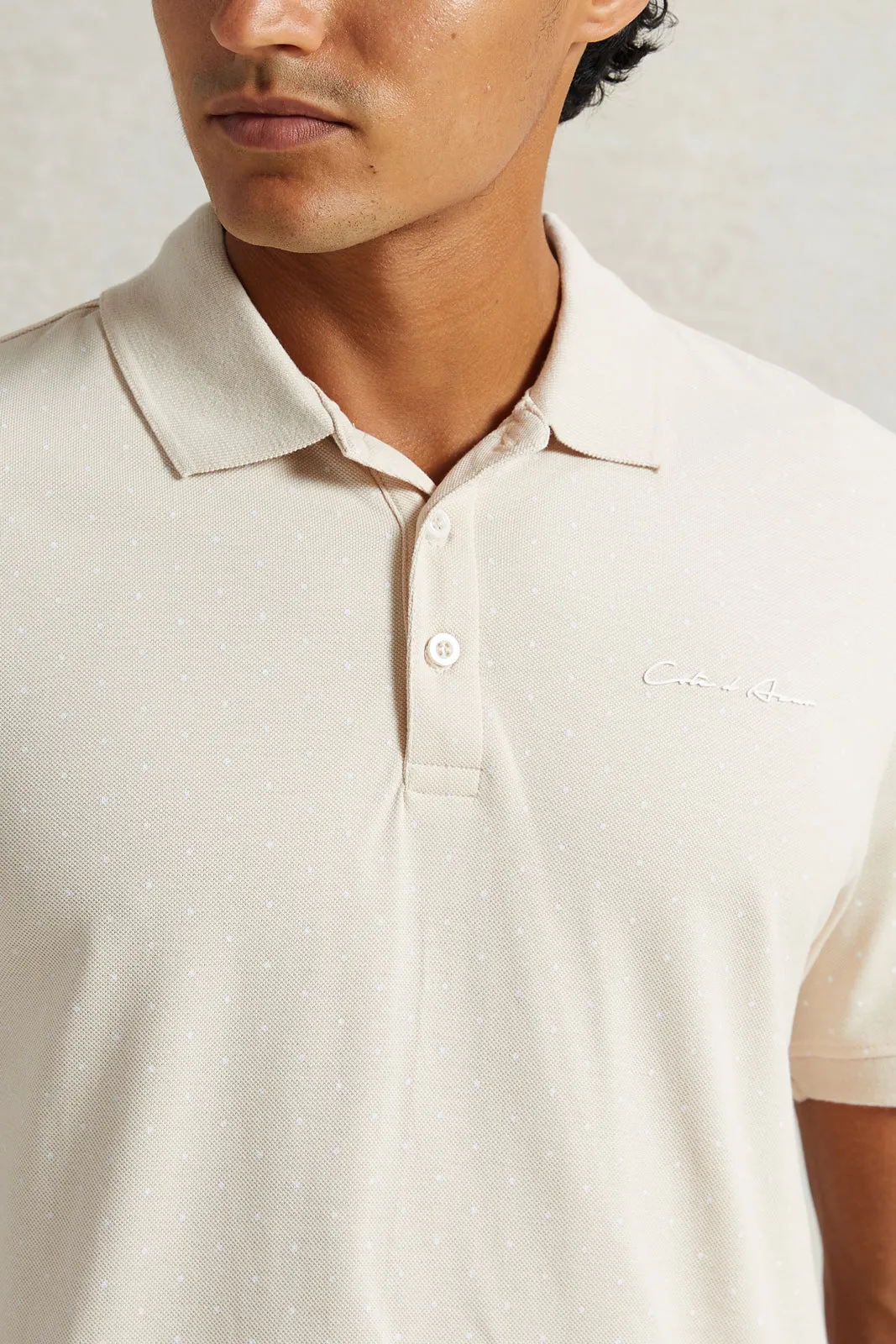 Men Beige Polo Shirt With Chest Logo