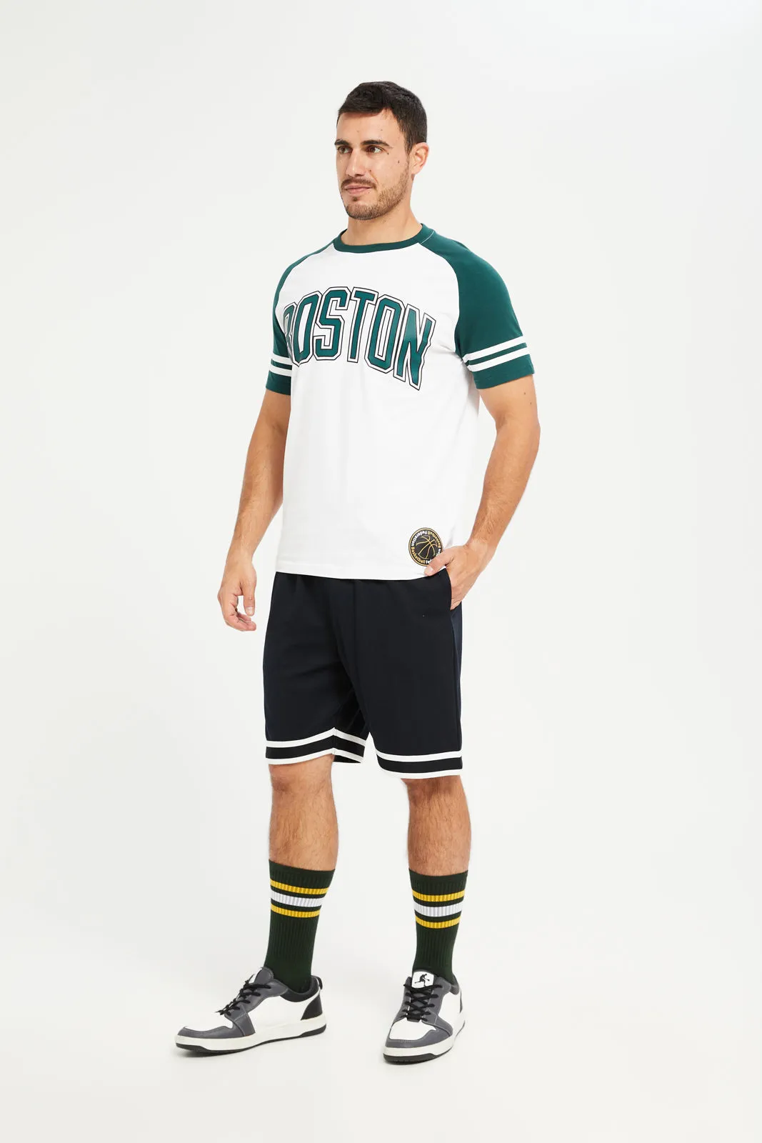 Men White Boston Print Active T-Shirt