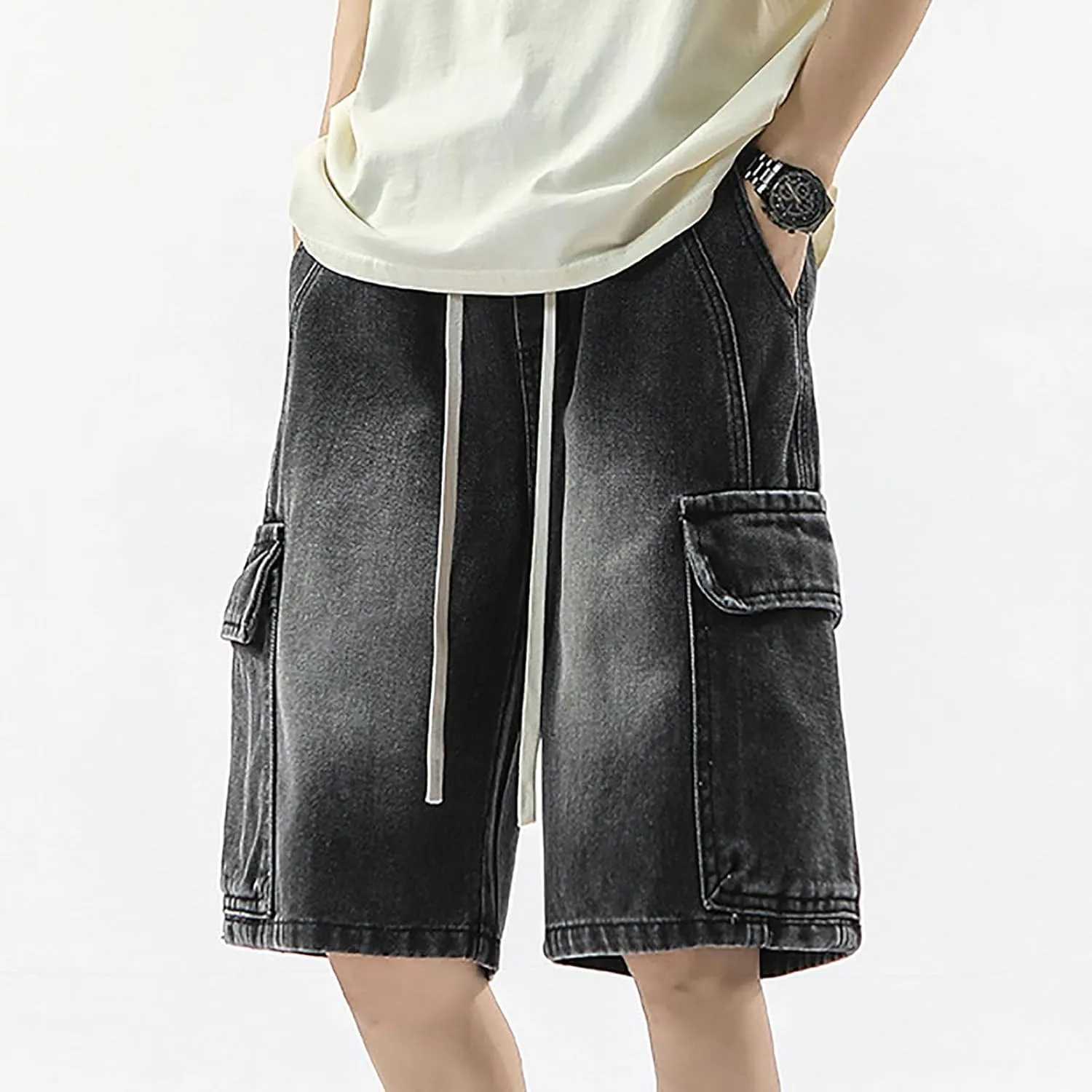 Mens Baggy Denim Jorts Y2K Grunge Loose Fit Hip Hop Jean Shorts Casual Short Jeans with Pockets Streetwear