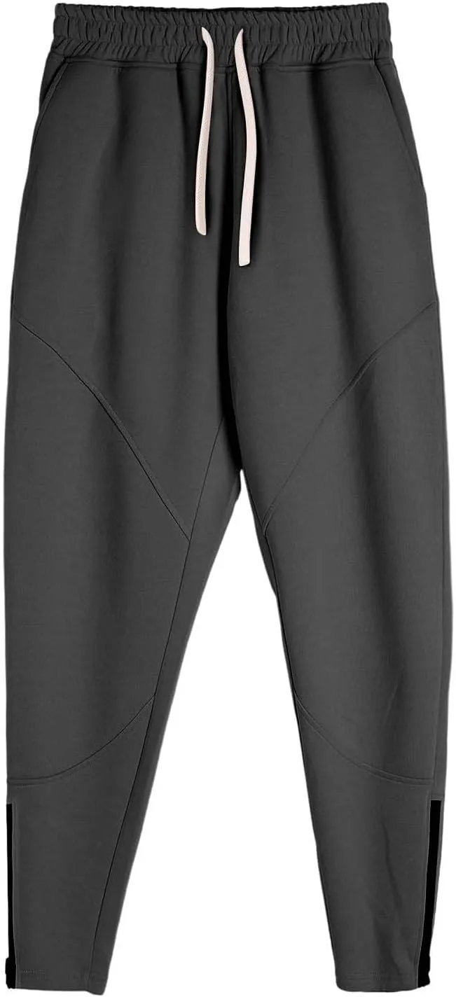 Mens Fleece Padded Joggers Pants with Pockets Elastic Waist Tapered Trousers String Zip Cinch Bottom Harem Sweatpants
