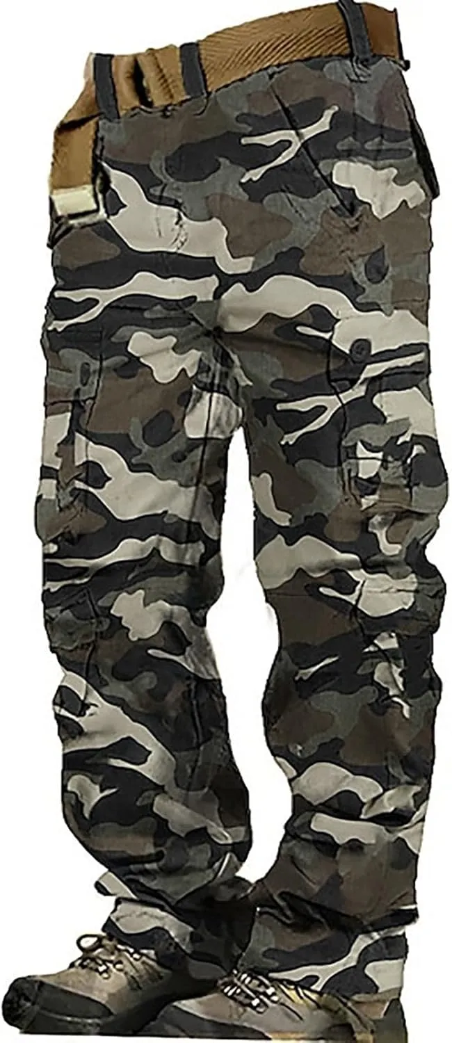 Mens Hiking Pants,Camo Military Hunting Combat Work Pants with Multi Pockets,Loose Fit Casual Cargo Pants,Comfy Tactical Pant