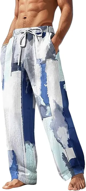 Men's Linen Trousers Summer Elastic High Waist Drawtring Pants Drawstring Lightweight Holiday Streetwears Summer Casual Pants