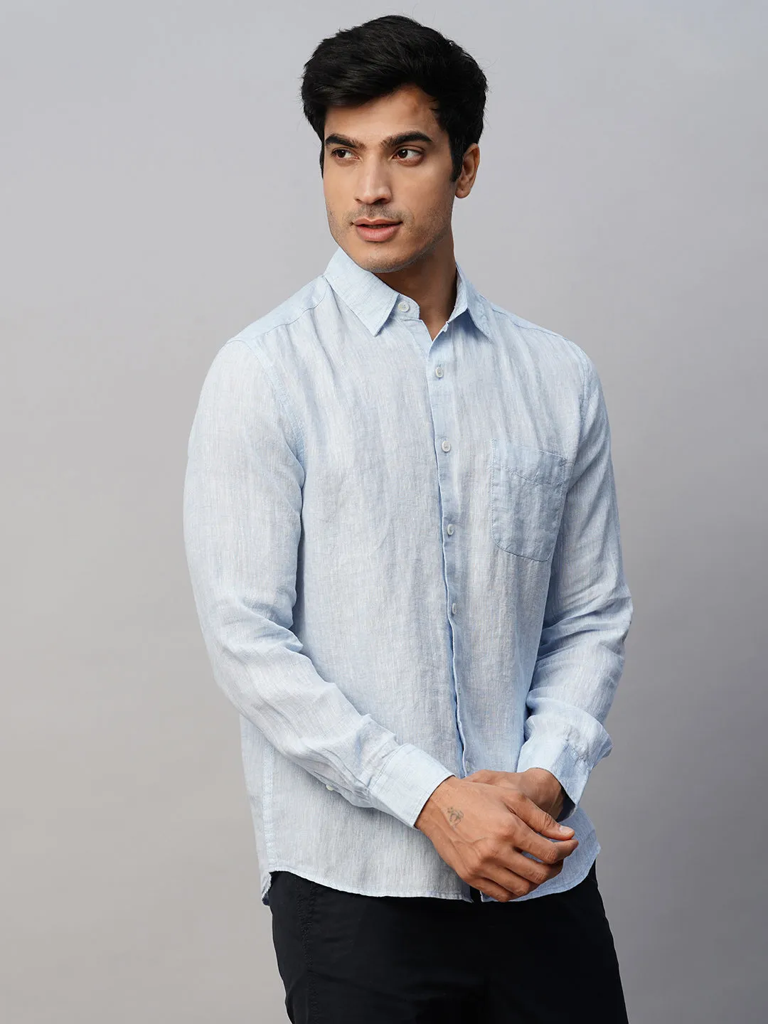 Men's Sky 100% Linen Regular Fit Long Sleeved Shirt