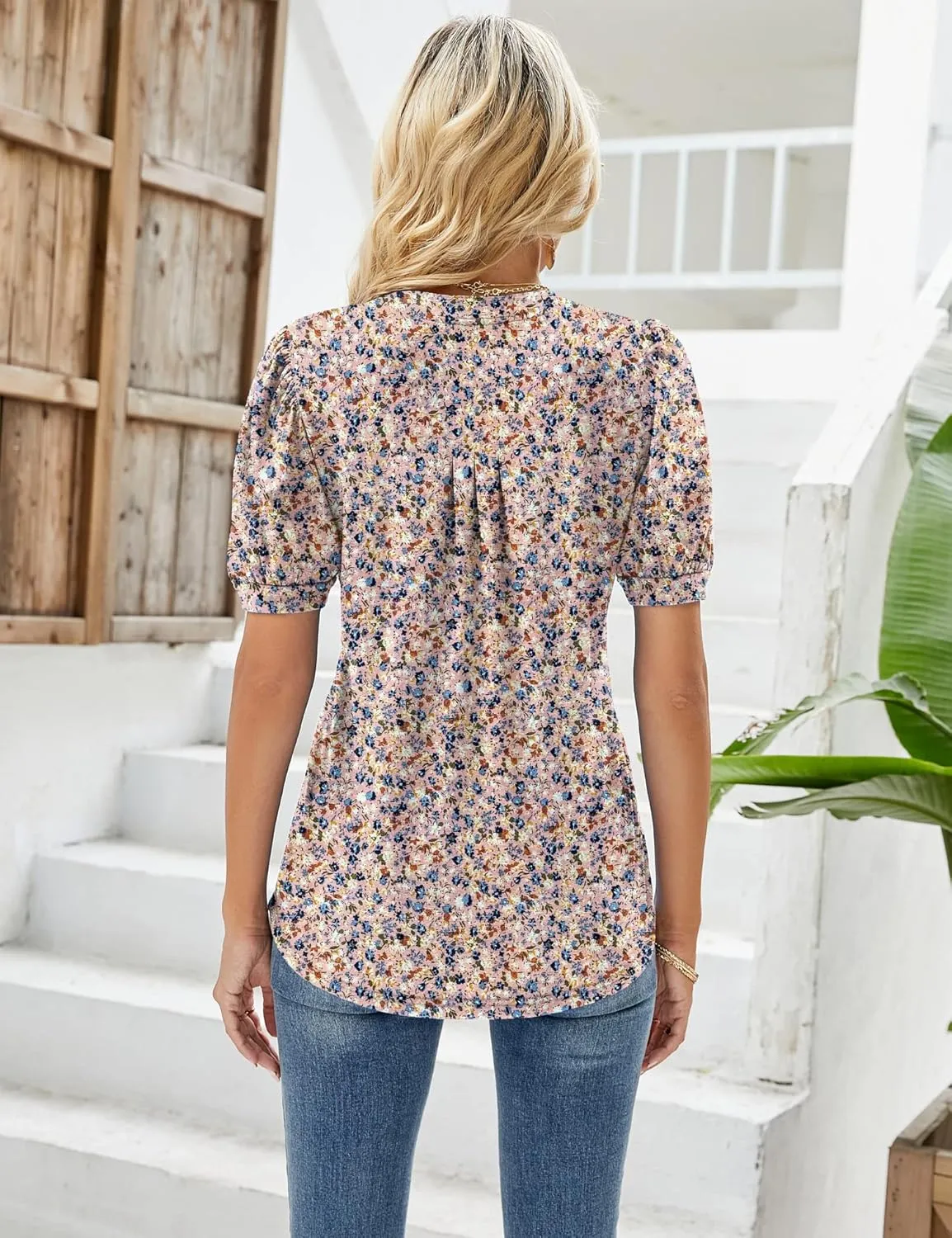 Micoson Womens V Neck Puff Short Sleeve Pleated T Shirts Fashion Summer Tops Casual Tunic Blouse