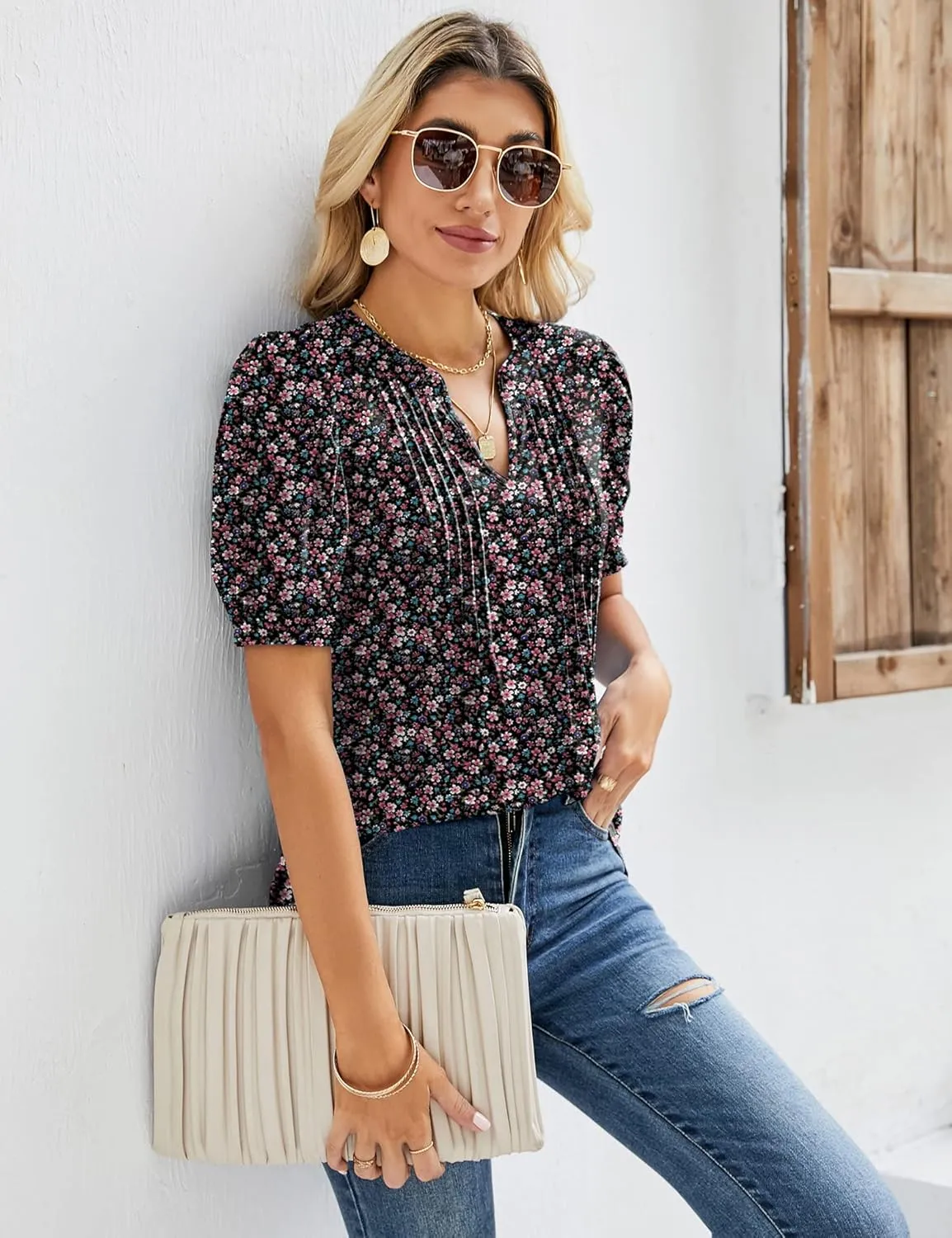 Micoson Womens V Neck Puff Short Sleeve Pleated T Shirts Fashion Summer Tops Casual Tunic Blouse