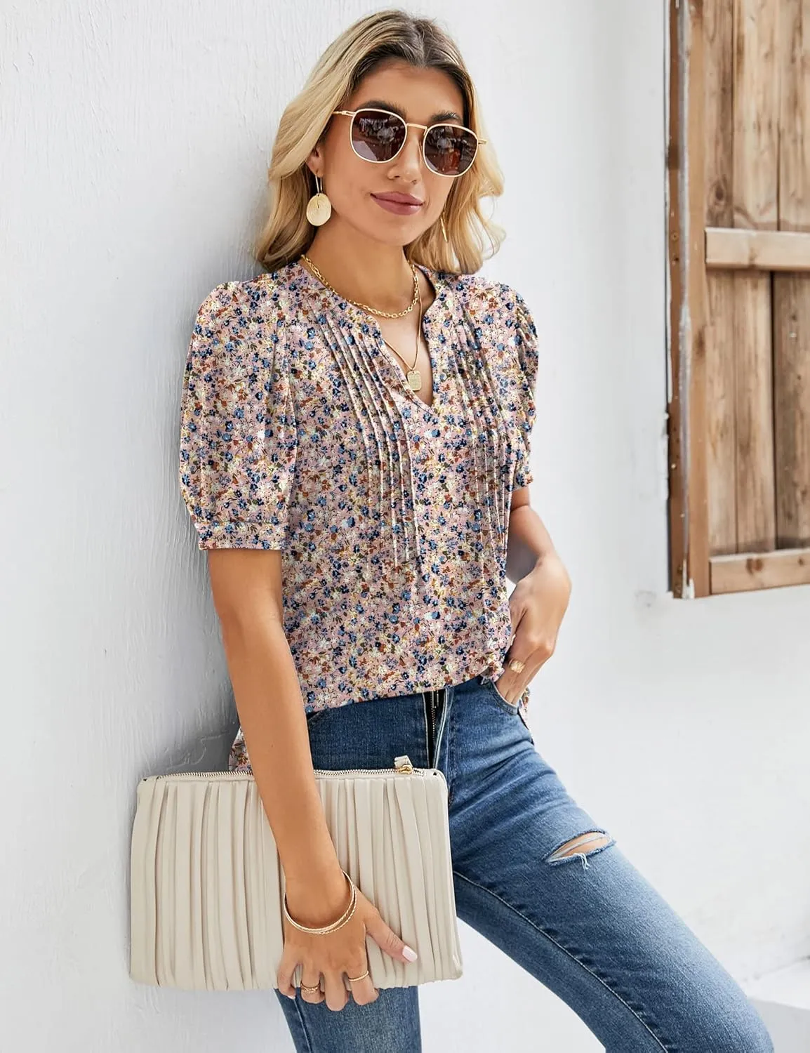 Micoson Womens V Neck Puff Short Sleeve Pleated T Shirts Fashion Summer Tops Casual Tunic Blouse