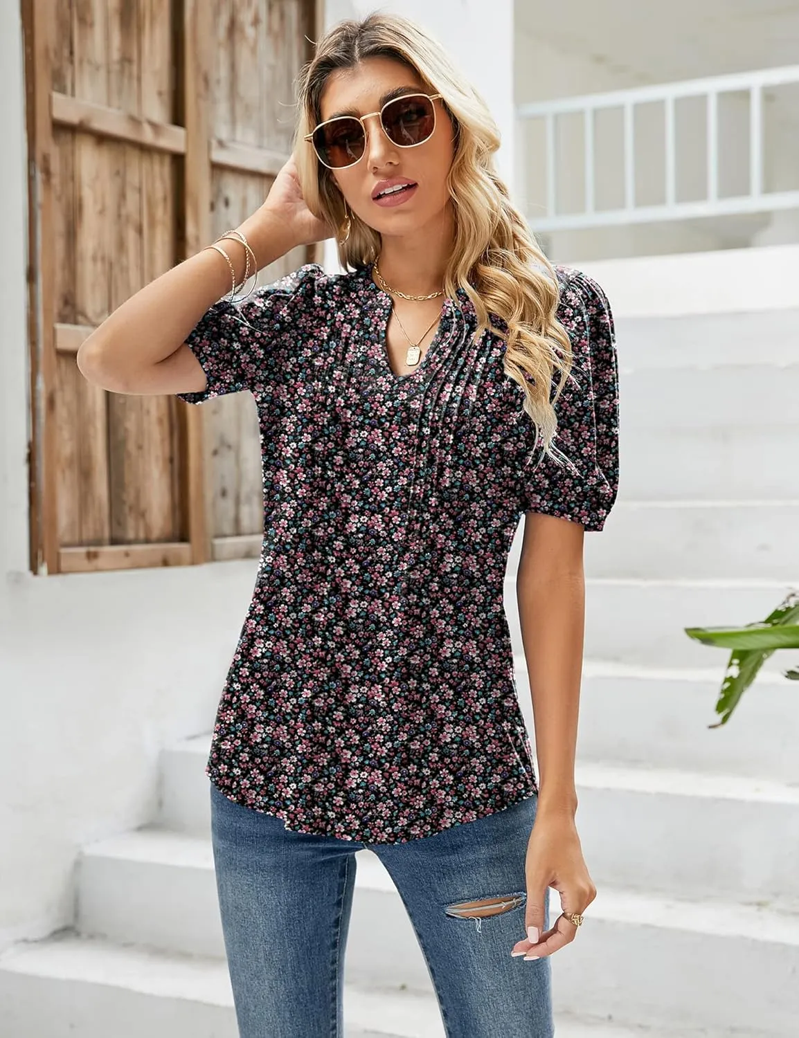 Micoson Womens V Neck Puff Short Sleeve Pleated T Shirts Fashion Summer Tops Casual Tunic Blouse