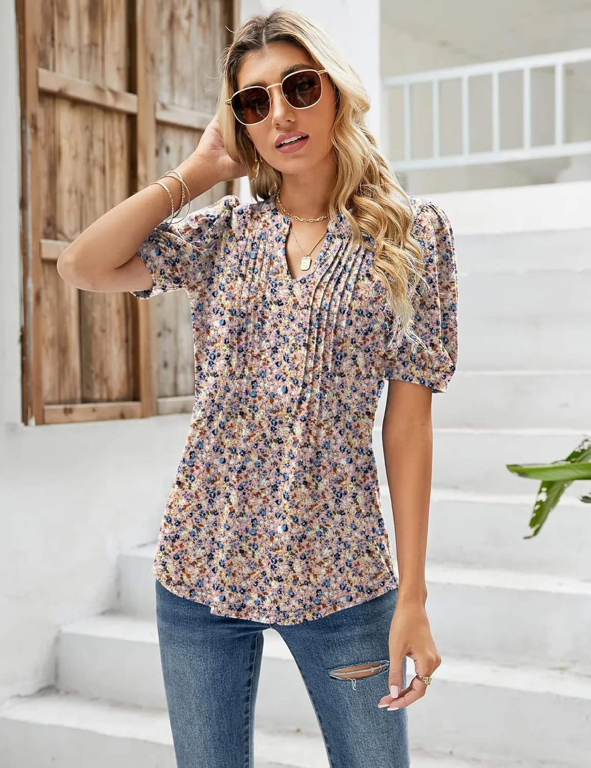 Micoson Womens V Neck Puff Short Sleeve Pleated T Shirts Fashion Summer Tops Casual Tunic Blouse