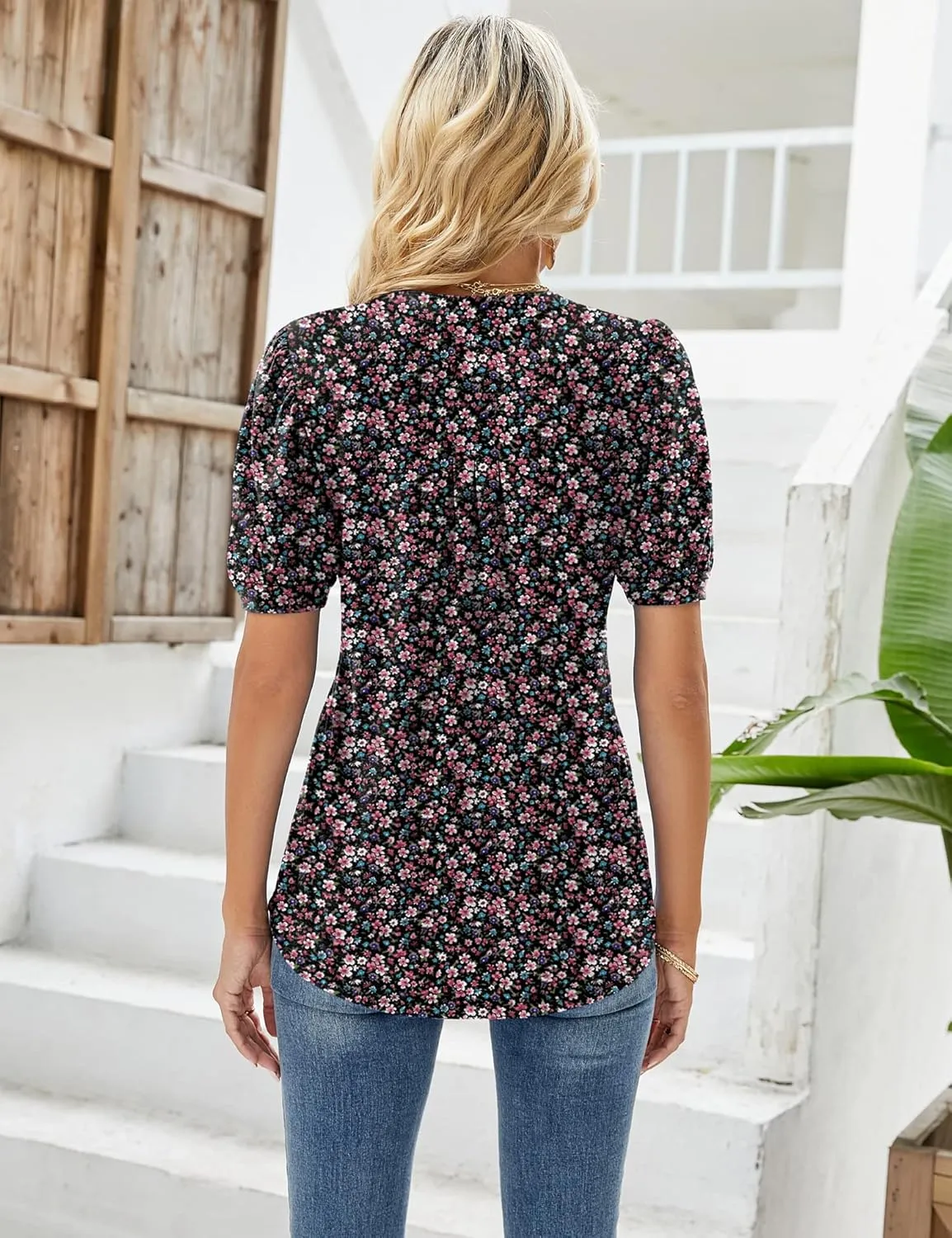 Micoson Womens V Neck Puff Short Sleeve Pleated T Shirts Fashion Summer Tops Casual Tunic Blouse