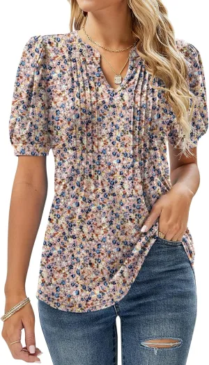 Micoson Womens V Neck Puff Short Sleeve Pleated T Shirts Fashion Summer Tops Casual Tunic Blouse