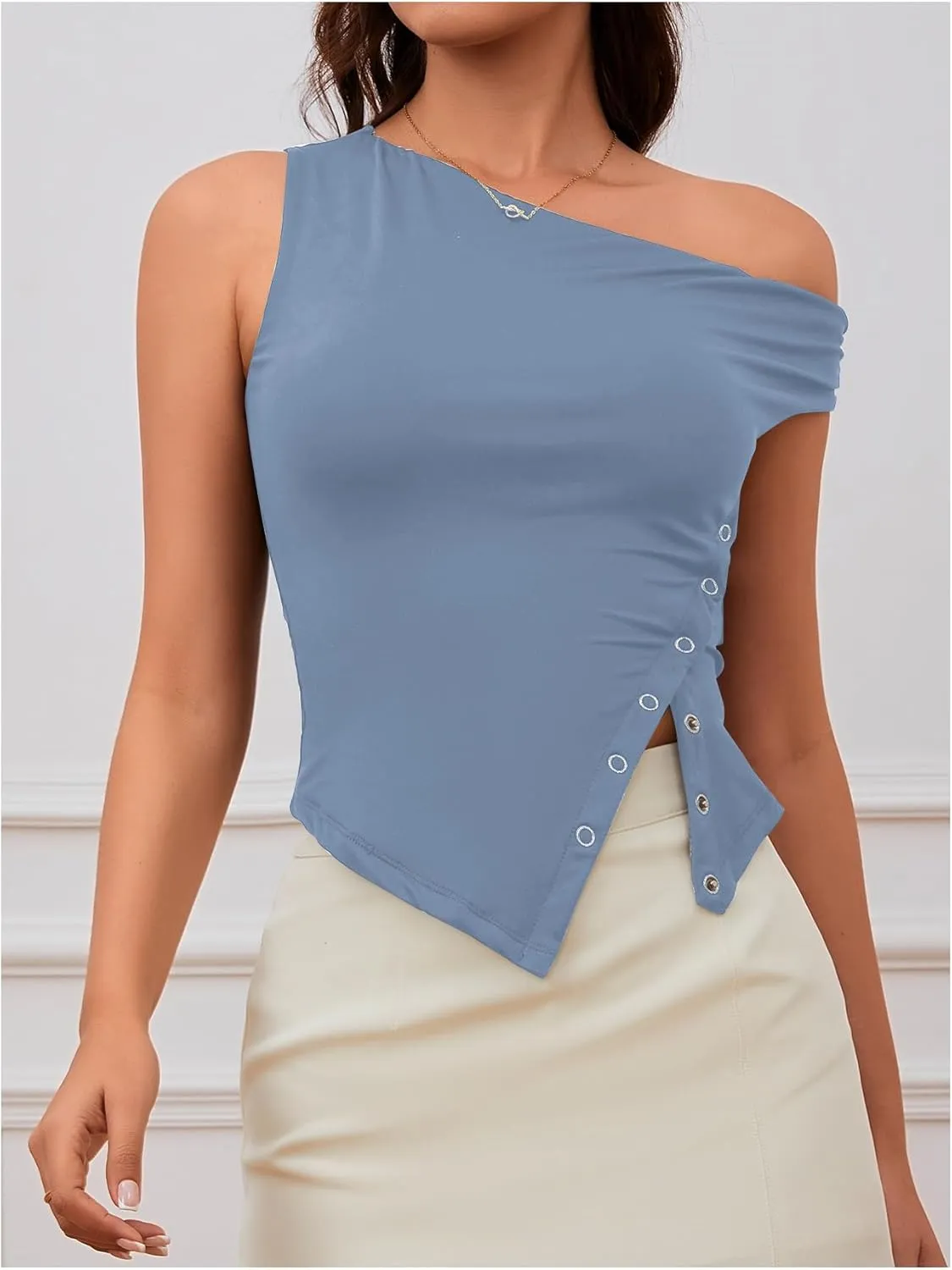 Milumia Women's Summer One Off Shoulder Button Tank Top Asymmetrical Y2K Going Out T Shirts