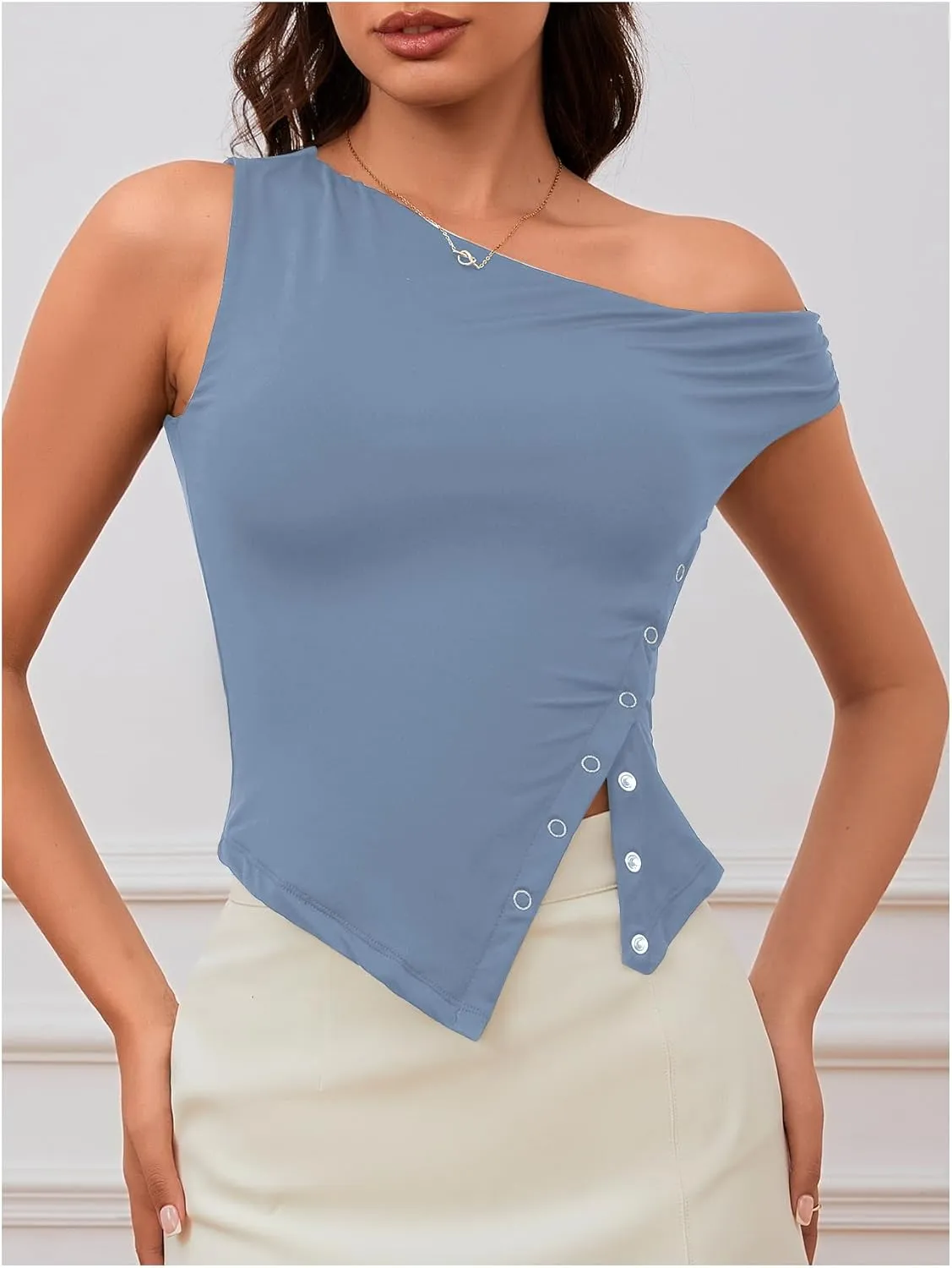 Milumia Women's Summer One Off Shoulder Button Tank Top Asymmetrical Y2K Going Out T Shirts