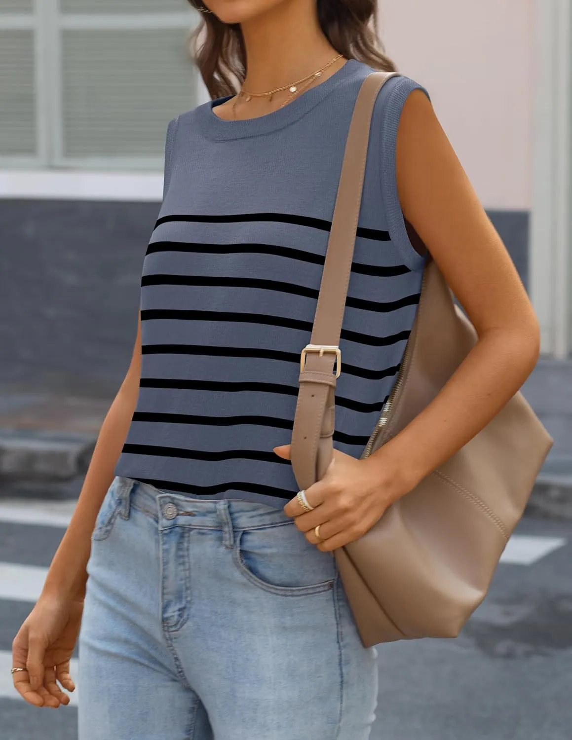 MIROL Women's Sleeveless Striped Tank Tops 2025 Summer Crewneck T-Shirts Basic Knit Casual Loose Blouse