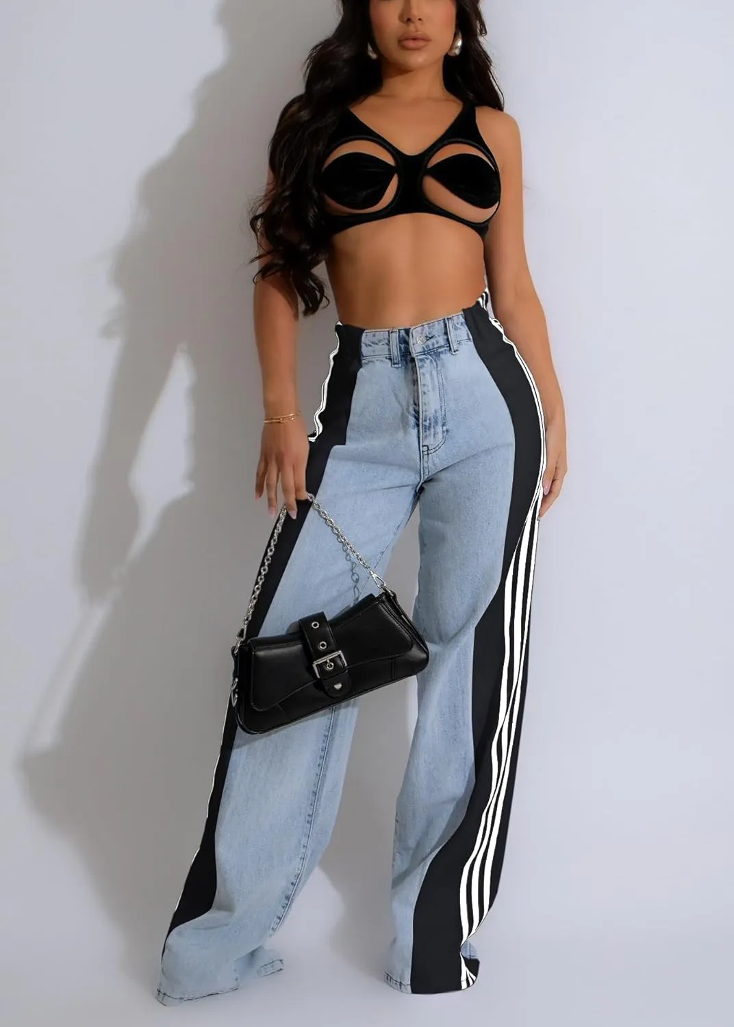 Nihsatin Women's Two Tone Jeans Wide Leg High Waisted Stretchy Buttoned Denim Pants