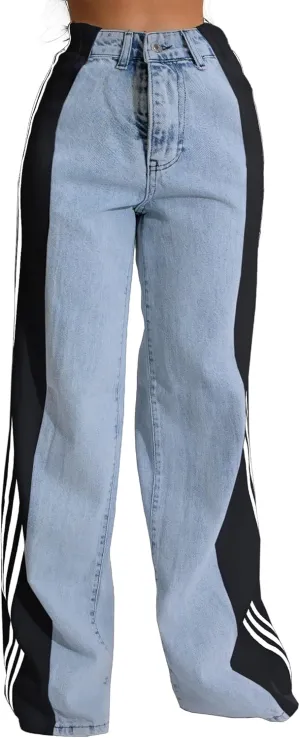 Nihsatin Women's Two Tone Jeans Wide Leg High Waisted Stretchy Buttoned Denim Pants