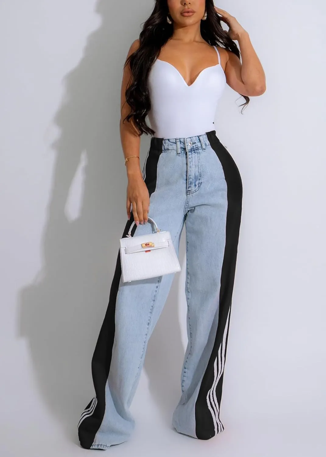 Nihsatin Women's Two Tone Jeans Wide Leg High Waisted Stretchy Buttoned Denim Pants