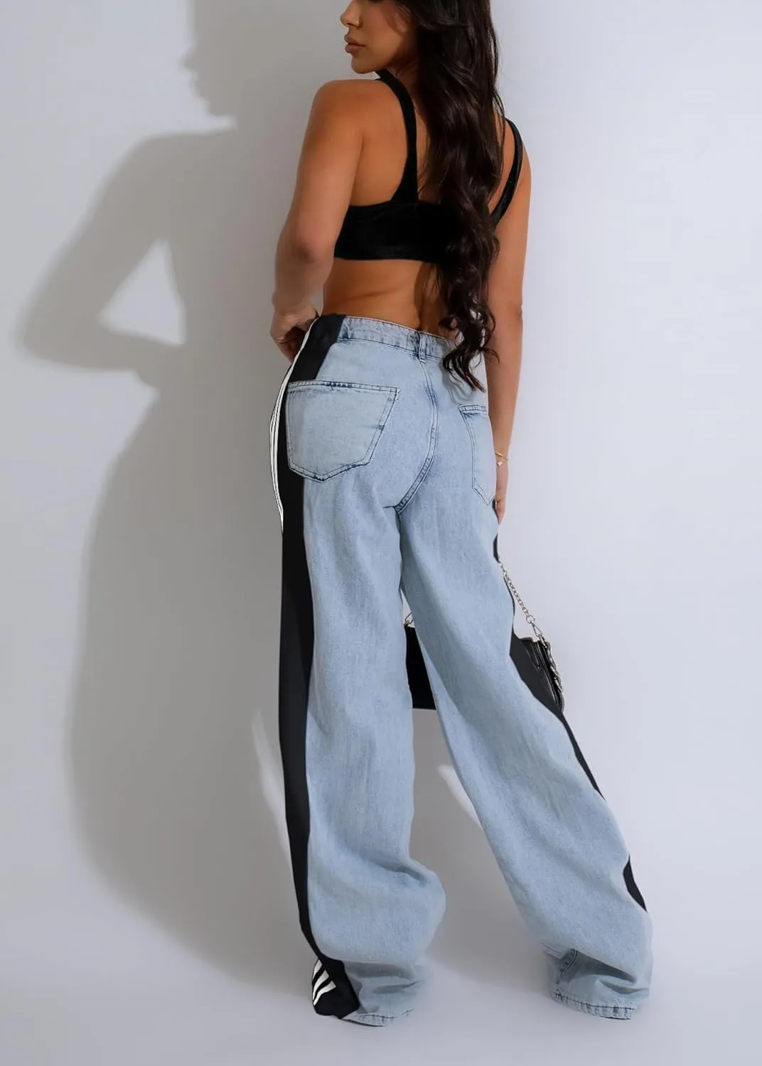 Nihsatin Women's Two Tone Jeans Wide Leg High Waisted Stretchy Buttoned Denim Pants