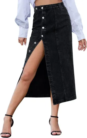 OBEEII Women's Denim Skirts Midi Length High Waist Button Split Hem Long Bodycon Pencil Skirt