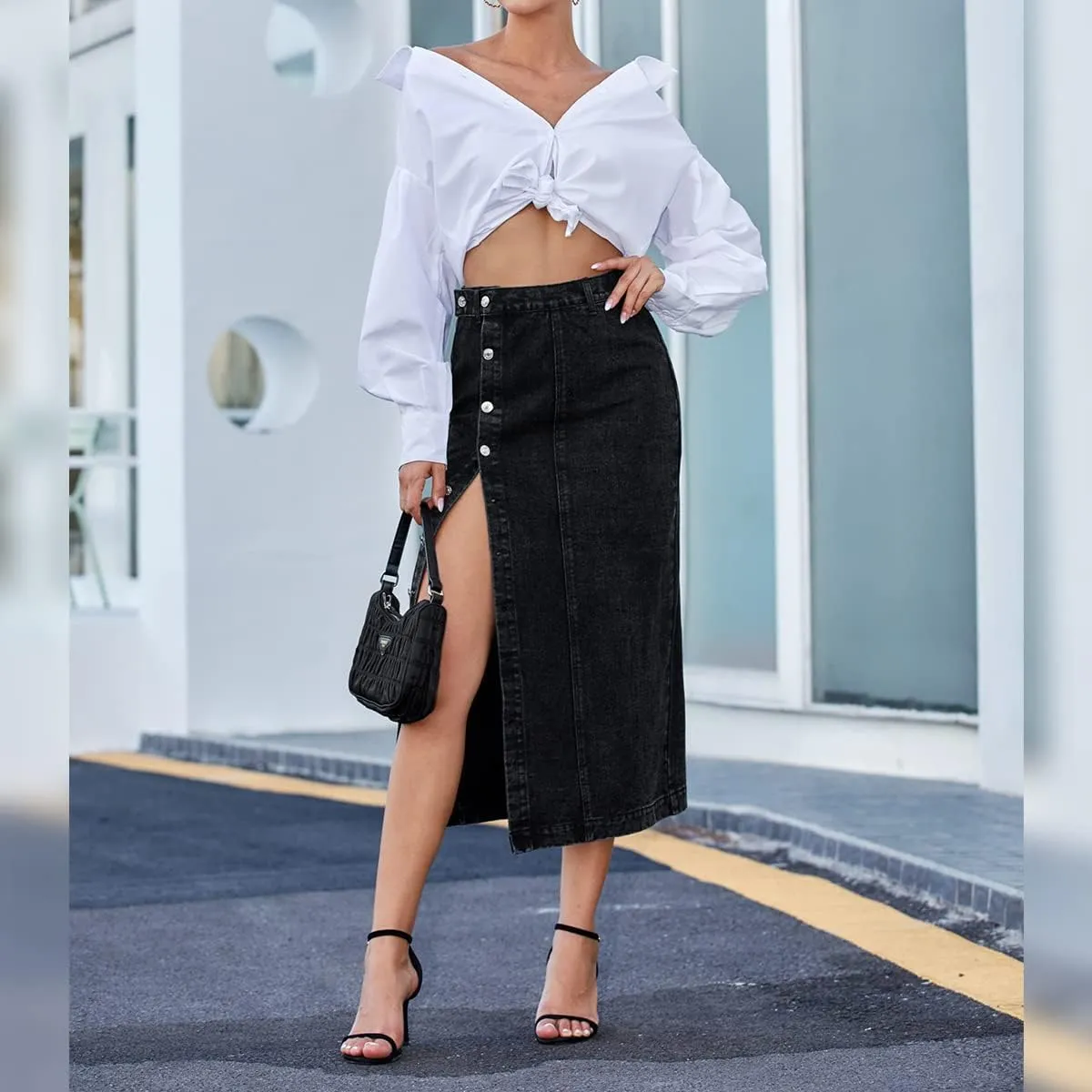 OBEEII Women's Denim Skirts Midi Length High Waist Button Split Hem Long Bodycon Pencil Skirt
