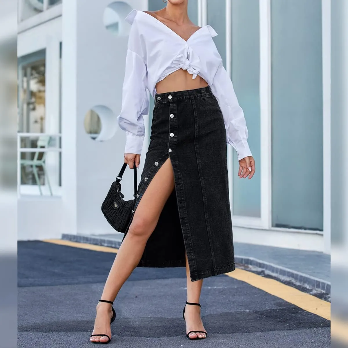 OBEEII Women's Denim Skirts Midi Length High Waist Button Split Hem Long Bodycon Pencil Skirt