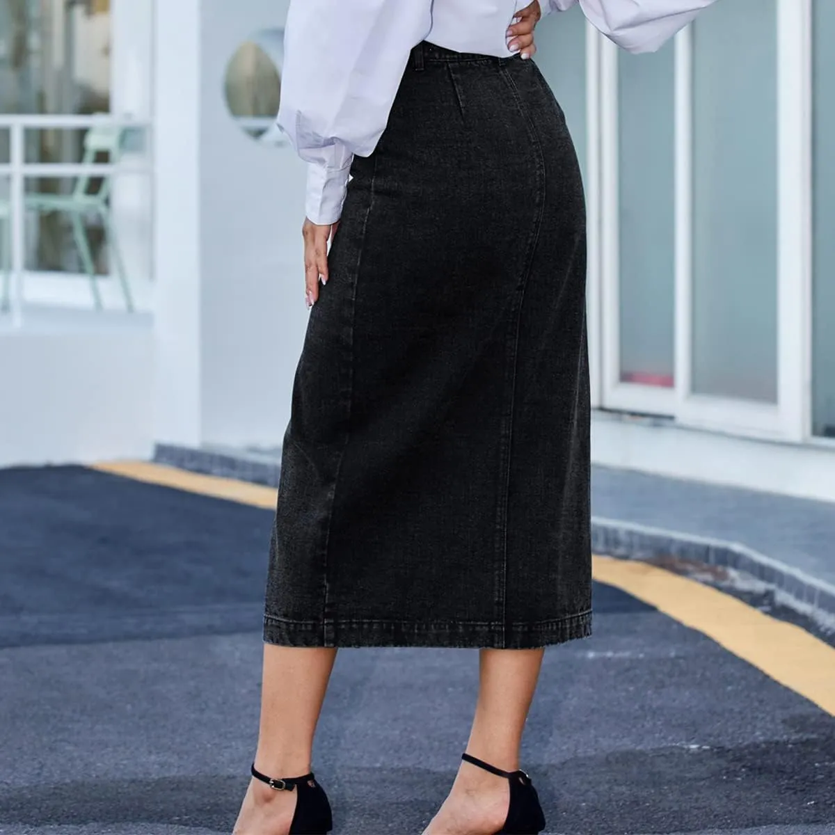 OBEEII Women's Denim Skirts Midi Length High Waist Button Split Hem Long Bodycon Pencil Skirt