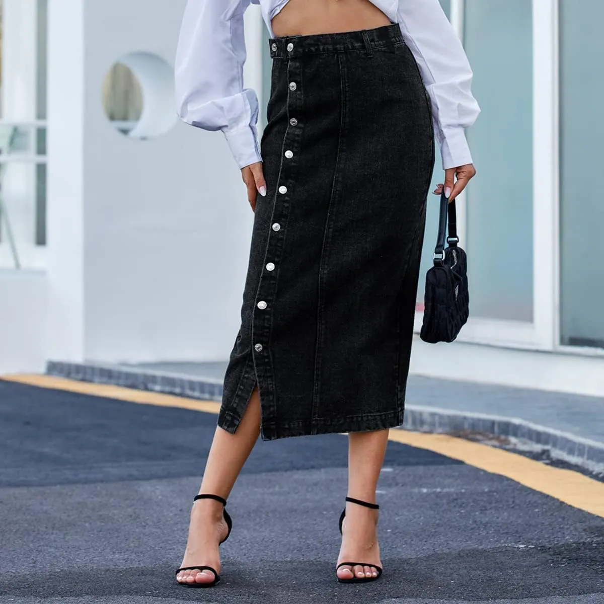 OBEEII Women's Denim Skirts Midi Length High Waist Button Split Hem Long Bodycon Pencil Skirt