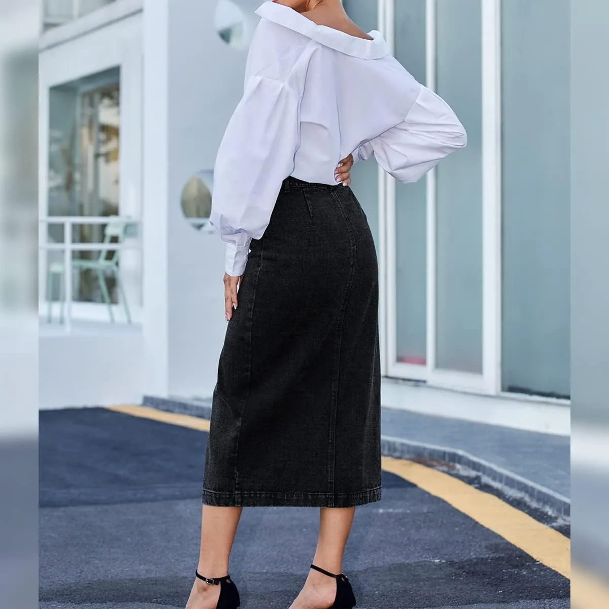 OBEEII Women's Denim Skirts Midi Length High Waist Button Split Hem Long Bodycon Pencil Skirt