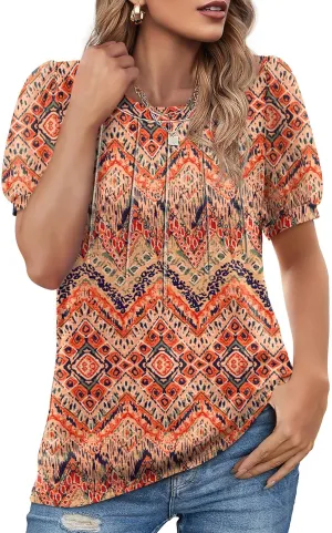 OFEEFAN Womens Summer Tops Pleated Swiss Dot Puff Sleeve Crew Neck T Shirts Loose Casual S-3XL