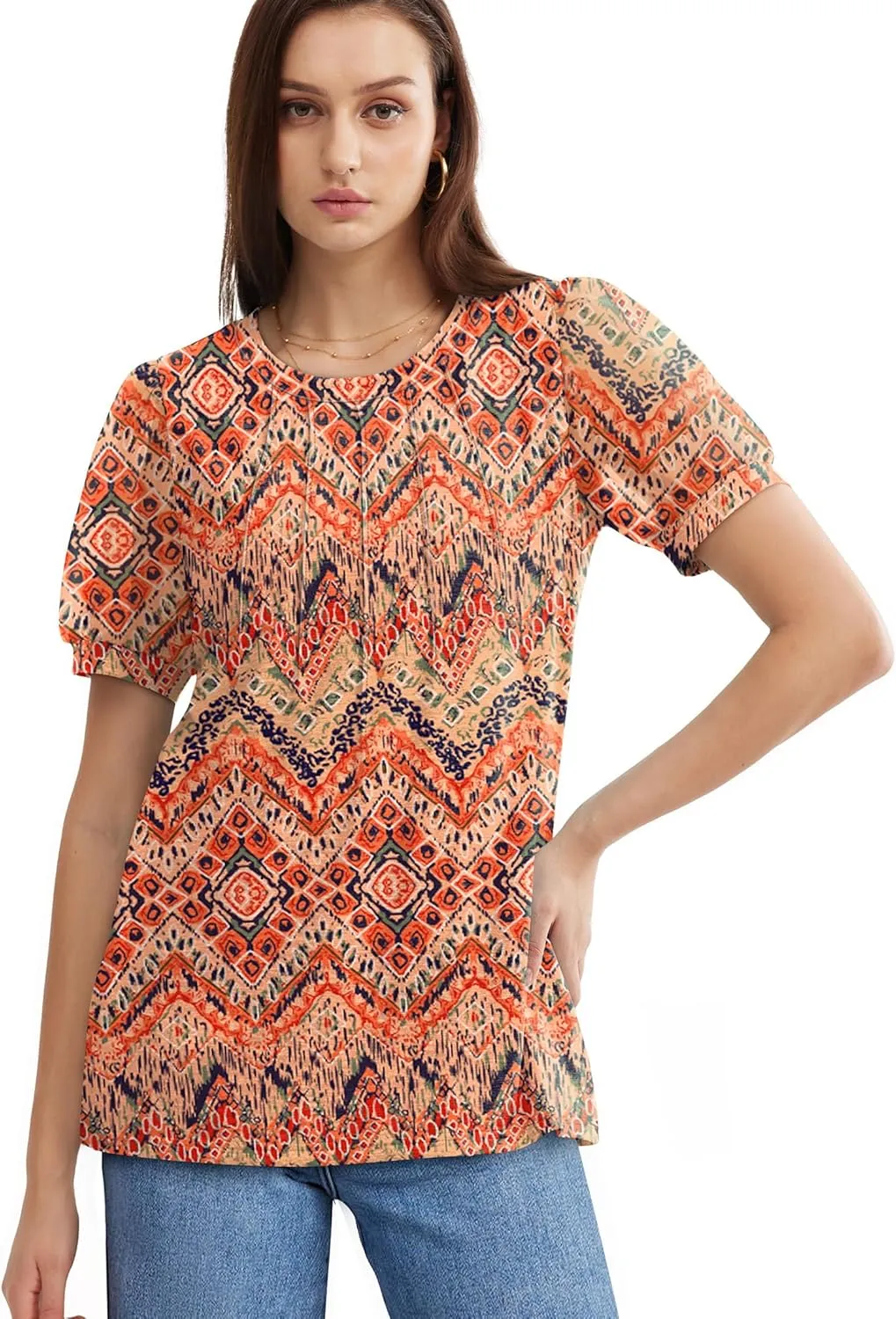 OFEEFAN Womens Summer Tops Pleated Swiss Dot Puff Sleeve Crew Neck T Shirts Loose Casual S-3XL