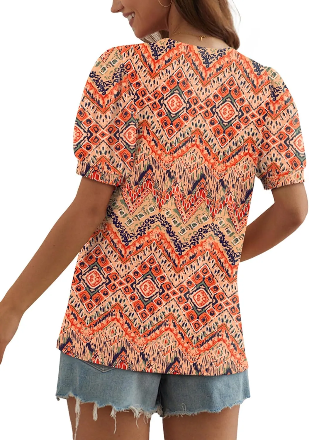 OFEEFAN Womens Summer Tops Pleated Swiss Dot Puff Sleeve Crew Neck T Shirts Loose Casual S-3XL
