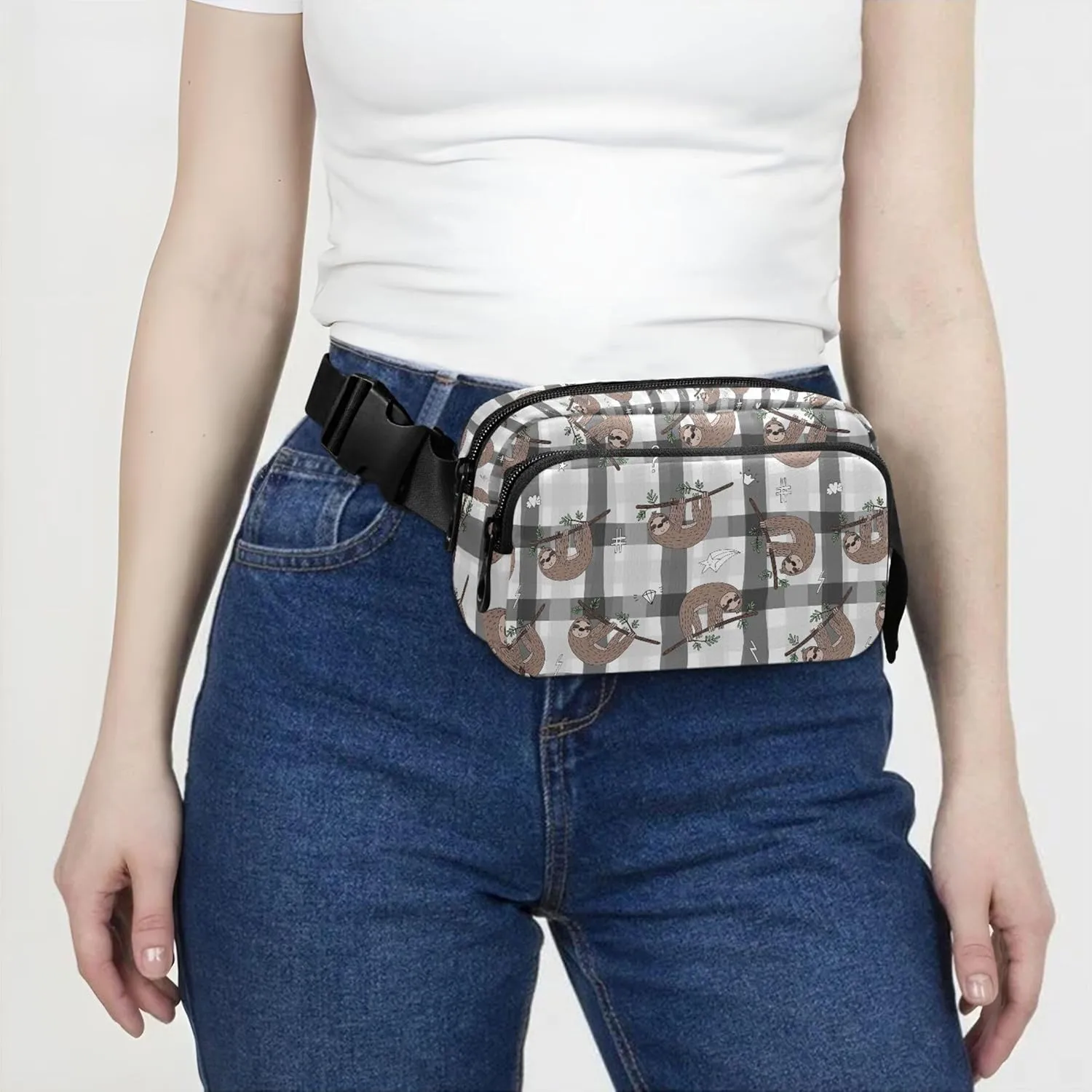 Personalized Gray Plaid Brown Sloth Womens Fanny Pack Funny Hip Pouch Belt Bag Waterproof Travel Waist Bag