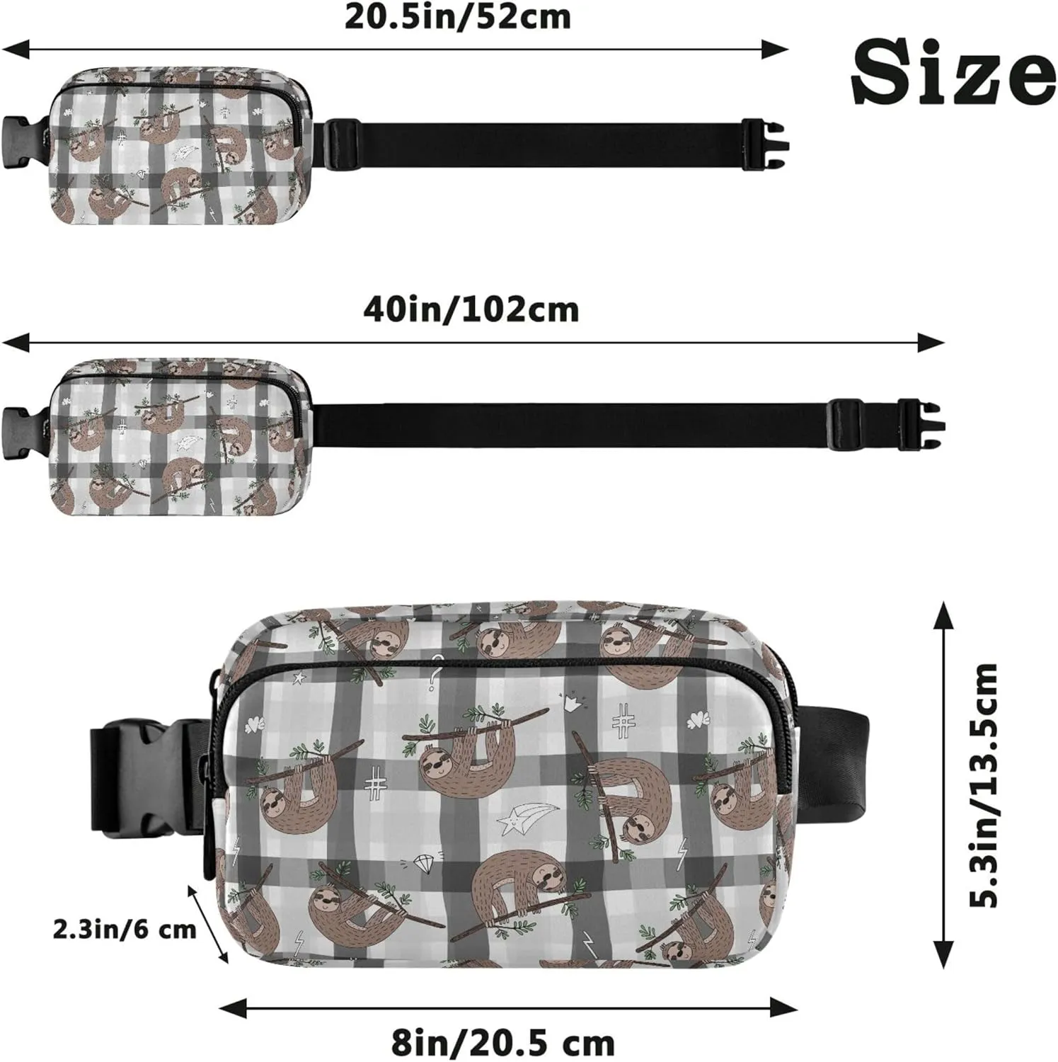 Personalized Gray Plaid Brown Sloth Womens Fanny Pack Funny Hip Pouch Belt Bag Waterproof Travel Waist Bag