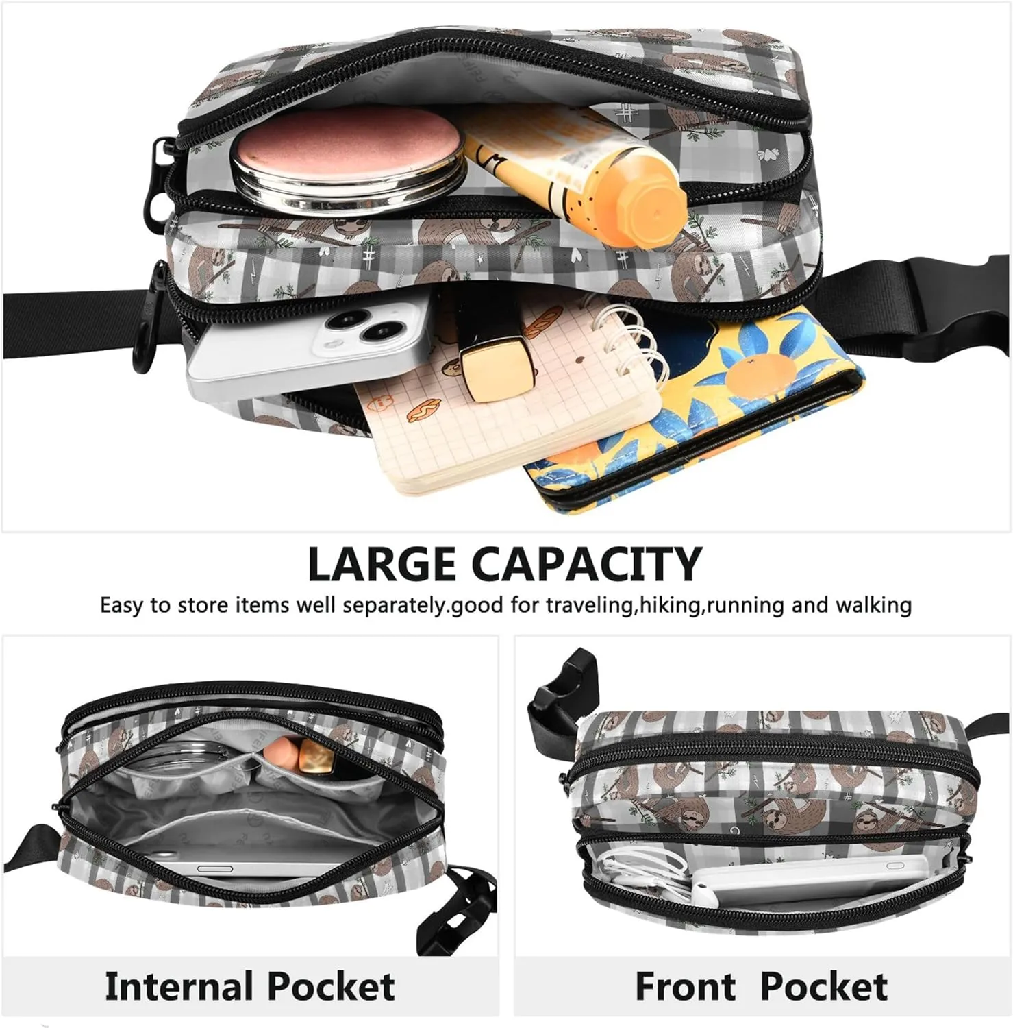 Personalized Gray Plaid Brown Sloth Womens Fanny Pack Funny Hip Pouch Belt Bag Waterproof Travel Waist Bag